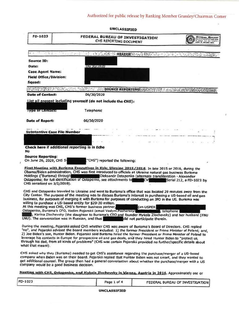 First page of the redacted FBI FD-1023 form released in 2023