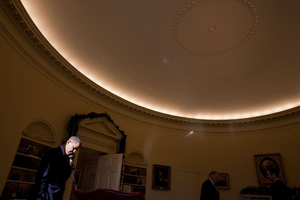 Barack Obama on the phone in the Oval Office, December 2009